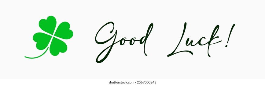 Good luck lettering, signature, calligraphy, handwriting with four leaf clover icon. Greeting vector illustration isolated on white background.