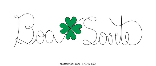good luck line art design, written in Portuguese, colorful four leaf lucky clover, handwriting calligraphy, vector illustration