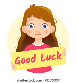 Good Luck message on white background. Girl holding Good Luck poster