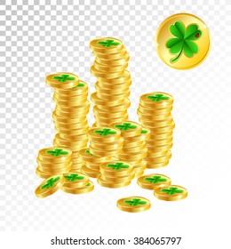Good luck money. A pile of gold coins with a good luck clover symbol. St. Patrick's Day symbol of Ireland.Money a symbol of success and luck a vector an illustration on  transparent background.
