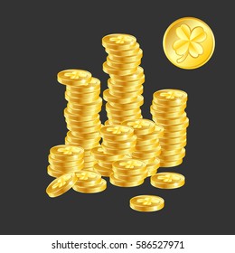 Good luck money. A pile of gold coins with a good luck clover symbol. St. Patricks Day symbol of Ireland.Money a symbol of success and luck a vector an illustration on black background