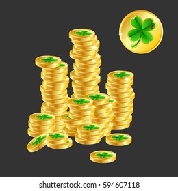 Good luck money. A pile of gold coins with a good luck clover symbol. St. Patricks Day symbol of Ireland.Money a symbol of success and luck a vector an illustration on black background