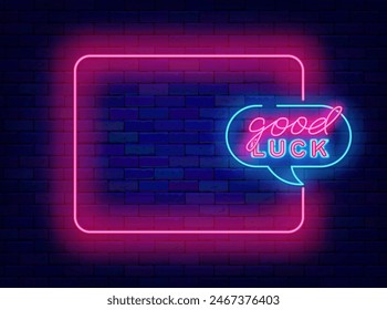 Good luck neon greeting card. Wishing good game and winning. Saint Patrick day. Empty pink frame and typography in speech bubble. Glowing flyer. Copy space. Editable stroke. Vector stock illustration
