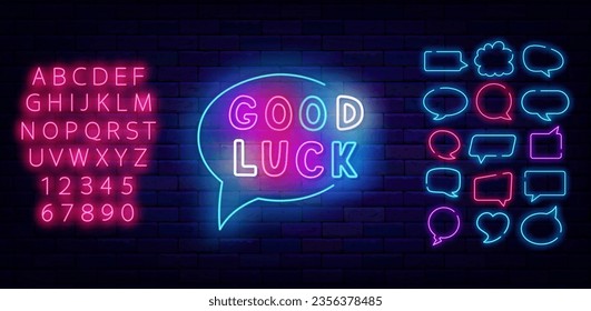 Good luck neon label. Handwritten colorful wish. Play zone. Shiny pink alphabet. Speech bubbles frames set. Glowing advertising on brick wall. Game design. Editable stroke. Vector stock illustration