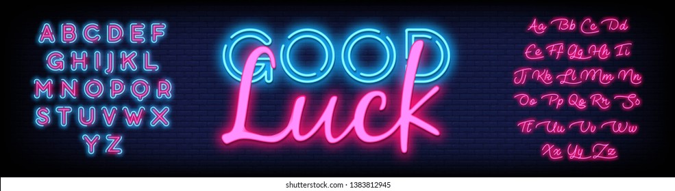 Good luck neon sign vector with aBrick Wall Background Design template neon sign  light banner  neon signboard  nightly bright advertising  light inscription. Vector illustration. Editing Text Neon