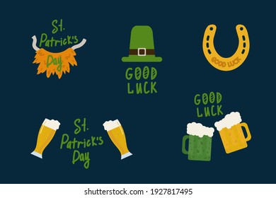 Good luck on Patrick's Day. Green Festival is a celebration of Clover. Illustrations of Clover, Beer, Ale, Hat, Horseshoe for a good day. Vector illustration