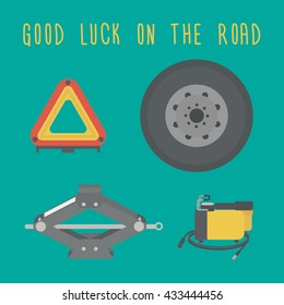 Good luck on the road. A Jack, spare wheel, warning triangle, car air compressor. Vector illustration.