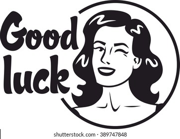 good luck pin up girl winking circle logo