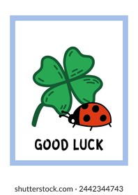 Good Luck Postcard Template with ladybug and four leaf clover. Best wishes with symbols of success and prosperity. Talismans and amulets for luck doodle illustration