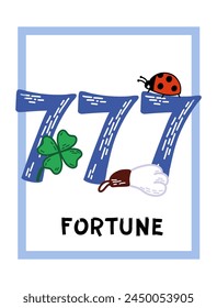 Good Luck Postcard Template with number seven, ladybug, rabbit foot and four leaf clover. Fortune with symbols of success and prosperity. Talismans and amulets for luck doodle illustration