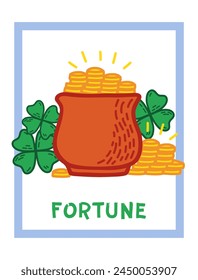 Good Luck Postcard Template with pot of gold and four-leaf clover. Fortune with symbols of success and prosperity. Talismans and amulets for luck doodle illustration
