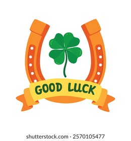 Good luck poster with horseshoe and four leaf clover. Cartoon banner with hand written. Fortune symbols  isolated on white background. Vector designs in yellow and green. Flat color illustration.