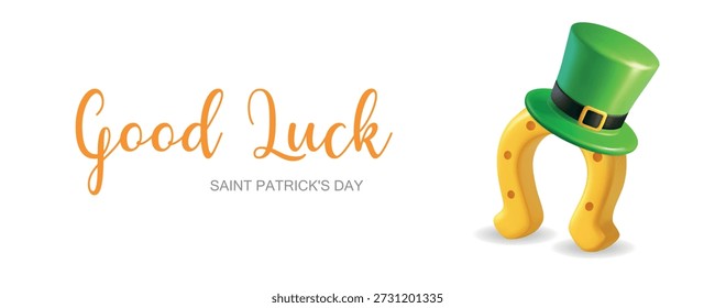 Viel Glück. Saint Patricks Day Banner mit goldenem Hufeisen und Kobold Hut