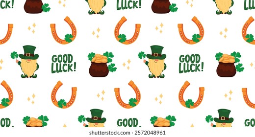 Good Luck seamless pattern with cartoon leprechaun, pot of gold coins, horseshoe and  four-leaf clover. Green, yellow, brown colors on white. Print with magic symbols of fortune. Vector flat design