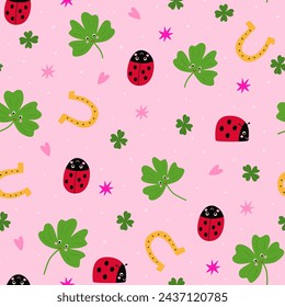 Good luck seamless pattern with clover leaves, ladybug, horseshoe on pink background. Cute St Patrick vector print wallpaper, textile design, wrapping paper. Funny childish lucky elements illustration