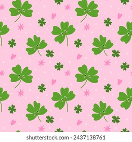 Good luck seamless pattern with green clover leaves, star, hearts on pink background. Cute St Patrick day vector print wallpaper, textile design, wrap paper. Funny childish lucky elements illustration