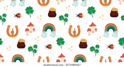 Good luck seamless pattern with horseshoe, crossed fingers, four leaf clover, ladybug, rainbow, pot of gold coins and fly agaric mushroom. Colorful vector background for printing on fabric and paper.