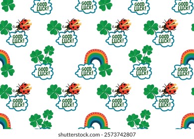 Good Luck seamless pattern with rainbow, ladybug and four leaves clover. Cartoon background with symbols of fortune and chance. St. Patrick's Day vector design for textile, wrapping paper, wallpaper. 