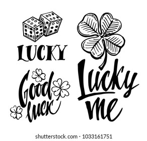 Good luck. Set of hand drawn lettering with four-leaf clover. Vector

