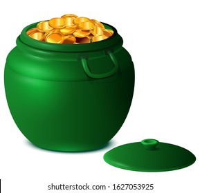 Good luck st patricks day big green pot of gold coins. Isolated on white vector 3d cartoon illustration - Shutterstock ID 1627053925