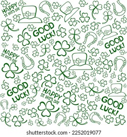 Good luck! St. Patrick's day background in green colors. Seamless Pattern background with three - leaved shamrocks. Patrick's day holiday symbol. Irish symbols of the holiday.17 march. illustration