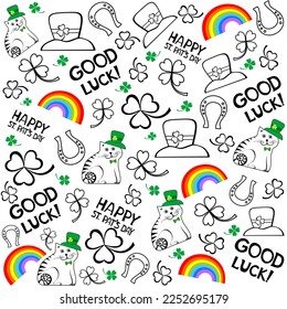 Good luck! St. Patrick's day background in green colors. Seamless Pattern background with three - leaved shamrocks. Patrick day holiday symbol. Irish symbols of the holiday. 17 march. Vector