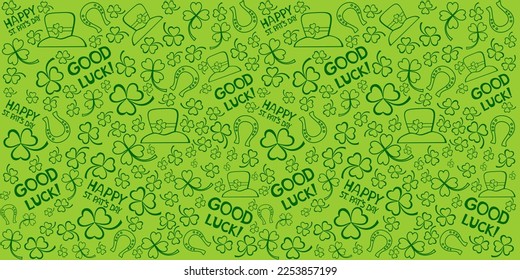 Good luck! St. Patrick's day background in green colors. Seamless Pattern background with three - leaved shamrocks. Patrick's day holiday symbol. Irish symbols of the holiday. 17 march. Vector