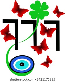 Good luck symbols, evil eye, triple seven, butterflies and a clover leaf, vector drawing on a clear background