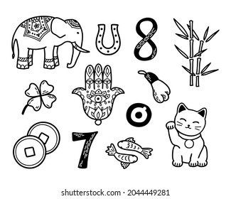 Good Luck Symbols Set. Asian talismans and charms contour vector illustration. Symbols of success and prosperity