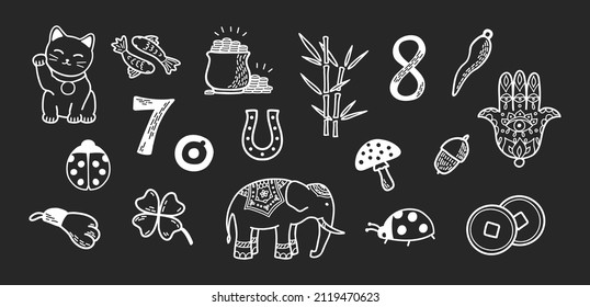 Good Luck Symbols Set. Asian and European talismans and charms contour vector illustration. Symbols of success and prosperity