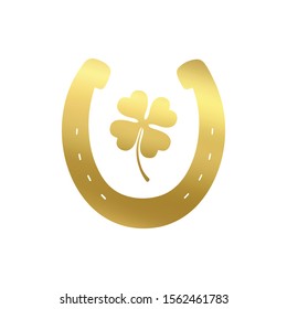 Good luck symbols silhouettes: horseshoe and quatrefoil soft gold metallic on white background