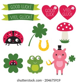 Good luck symbols vector set. Text (hand-drawn) in English and German