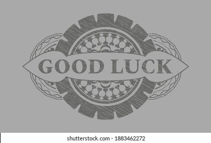 Good luck text inside Grey stroke emblem. Solid handsome background. Vector illustration. 