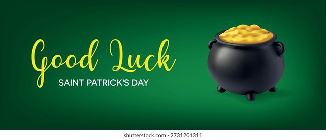 Good Luck text, Saint Patricks Day banner with gold pot and yellow lettering on green background