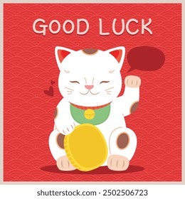 Good luck and wealth poster. Japanese style cat, maneki neko kitten with golden traditional coin. Japan banner or positive card, snugly vector design