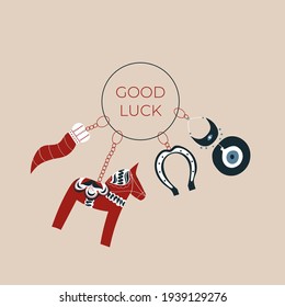 Good luck wish phrase with protection, luck and fortune charms or talismans as keychains. Fortune wish card. Fortune and success charms, lucky amulets. Horseshoe, dala horse, evil eye, cornicello