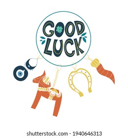 Good luck wish phrase with protection, luck and fortune charms or talismans as keychains. Fortune wish card. Fortune and success charms, lucky amulets. Horseshoe, dala horse, evil eye, cornicello