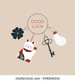 Good luck wish phrase with protection, luck and fortune charms or talismans as keychains. Fortune wish card. Fortune and success charms, lucky amulets. Clover, Maneki Neko, rabbit foot, key, acorn