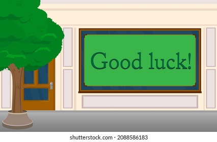 Good luck. Wishing success text with front door background. Store, Shop or market place front with poster.