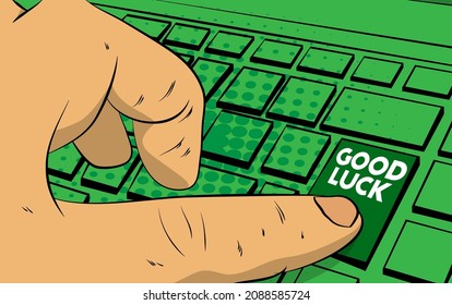 Good luck. Wishing success word on computer keyboard. Man push keypad on laptop. Comic book style concept.