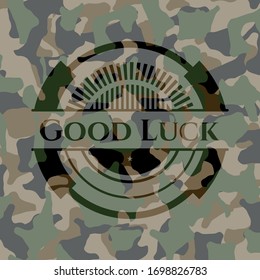 Good Luck written on a camo texture. Vector Illustration. Detailed.