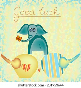 Good luck yellow blue postcard background illustration with elephant