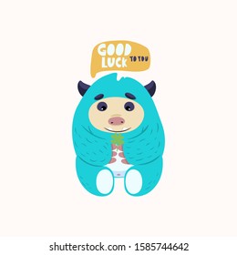 Good luck to you. Cute yeti or bigfoot. Hand drawn vector greeting card. Flat design. Eps 10.