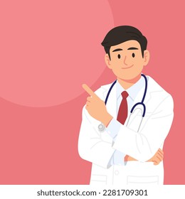 Good male doctor pointing at somethings. Flat vector style characters, Healthcare illustrations.