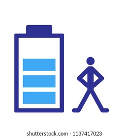 good man and three quarter battery in color pictogram, show percentage of battery with man stamina, vector illustration