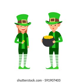 Good man and woman in the Saint of the costume, found a pot of gold coins. Patrick. The theme is illustration of a happy St. Patrick's day. Vector images in cartoon style