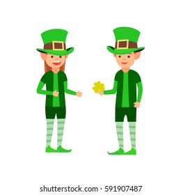 Good man and woman in the Saint of the suit, the man gives clover a woman Patrick. The theme is illustration of a happy St. Patrick's day. Vector images in cartoon style