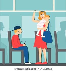 good manners. the boy on the bus gives way to woman with baby.etiquette.Conscience ethics and  moral.respect pregnant woman