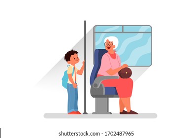 Good manners concept. Boy giving way to an elderly person. Retired woman sitting in the bus while little boy standing. Parenthood and child rearing concept. Isolated flat illustration