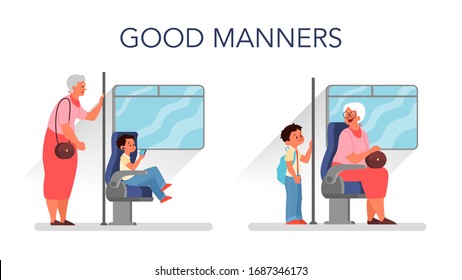 Good manners concept. Retired woman standing in the bus while little boy sitting. Biy giving way to an elderly person. Parenthood and child rearing concept. Isolated flat illustration